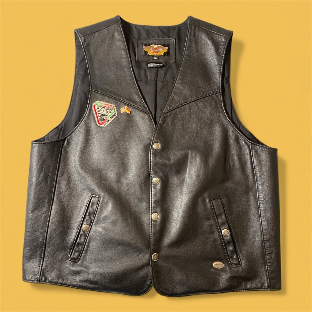Men’s Official Harley Davidson Black Leather Motorcycle Vest w/ Patches- Size XL